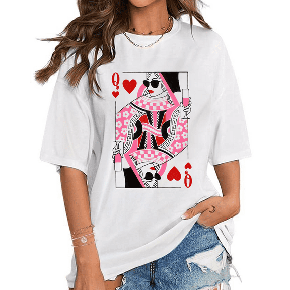 Queen of Hearts Coffee Lover Print Tshirts Floral Checker Graphic Tees Short Sleeve Casual Shirts Mothers Day Gift Tops for Daily Outfits White,L