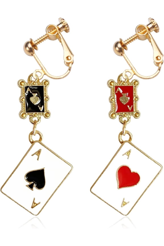 Queen of Hearts Earrings Clip on Non Pierced for Women Unique Playing Card Red Heart Poker Gold Asymmetric Rabbit Long Clock Dangle Jewelry[j245]