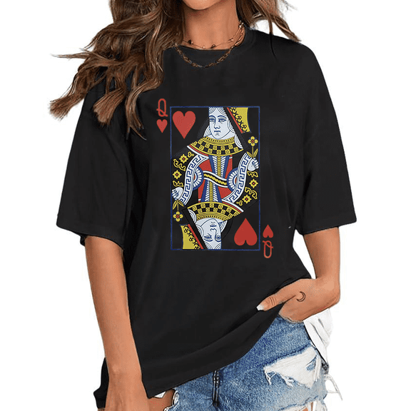 Queen of Hearts Graphic Tees for Unisex Vintage Feminist Print Tshirts Playing Cards Design Short Sleeve Casual Tops for Daily Outfits Black,4XL