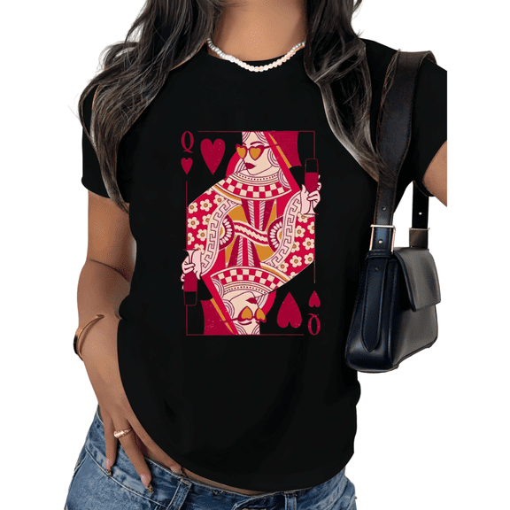 Queen of Hearts Print Tshirts Vintage Graphic Tees Funny Playing Cards Design Cotton Shirts Short Sleeve Casual Tops for Daily Outfits Black,5XL