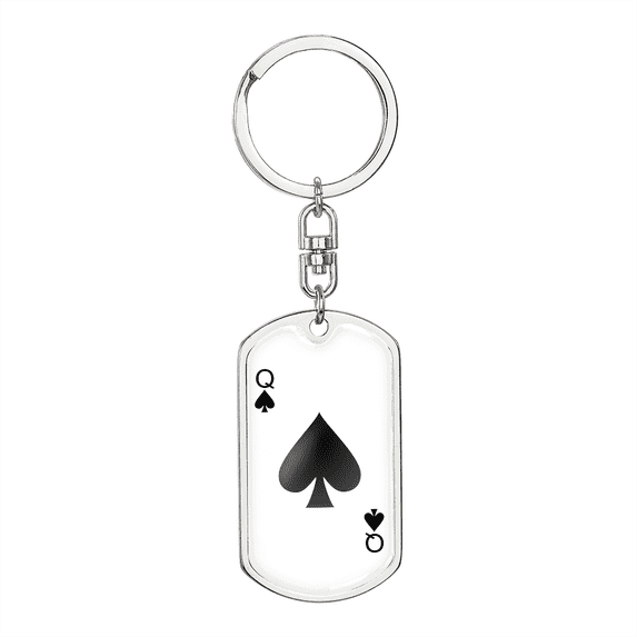 Queen of Spades Ace Gambler Plain Stainless Steel or 18k Gold Premium Swivel Dog Tag Keychain