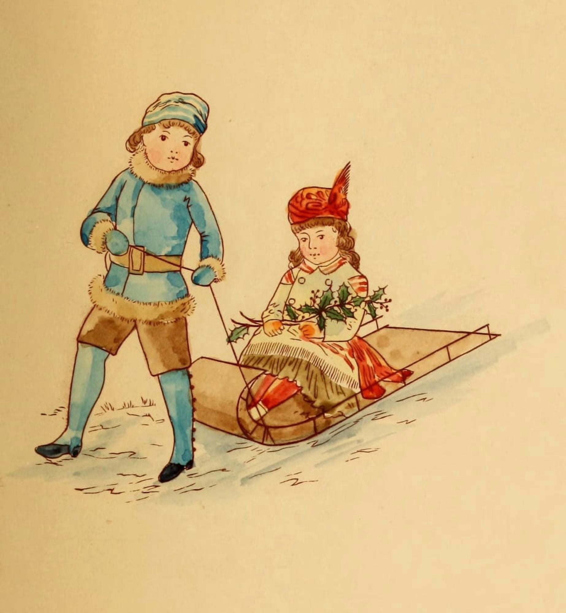 Queen of the Snow 1887 Boy pulling Sleigh Canvas Art - Annie C McQueen (18 x 24)