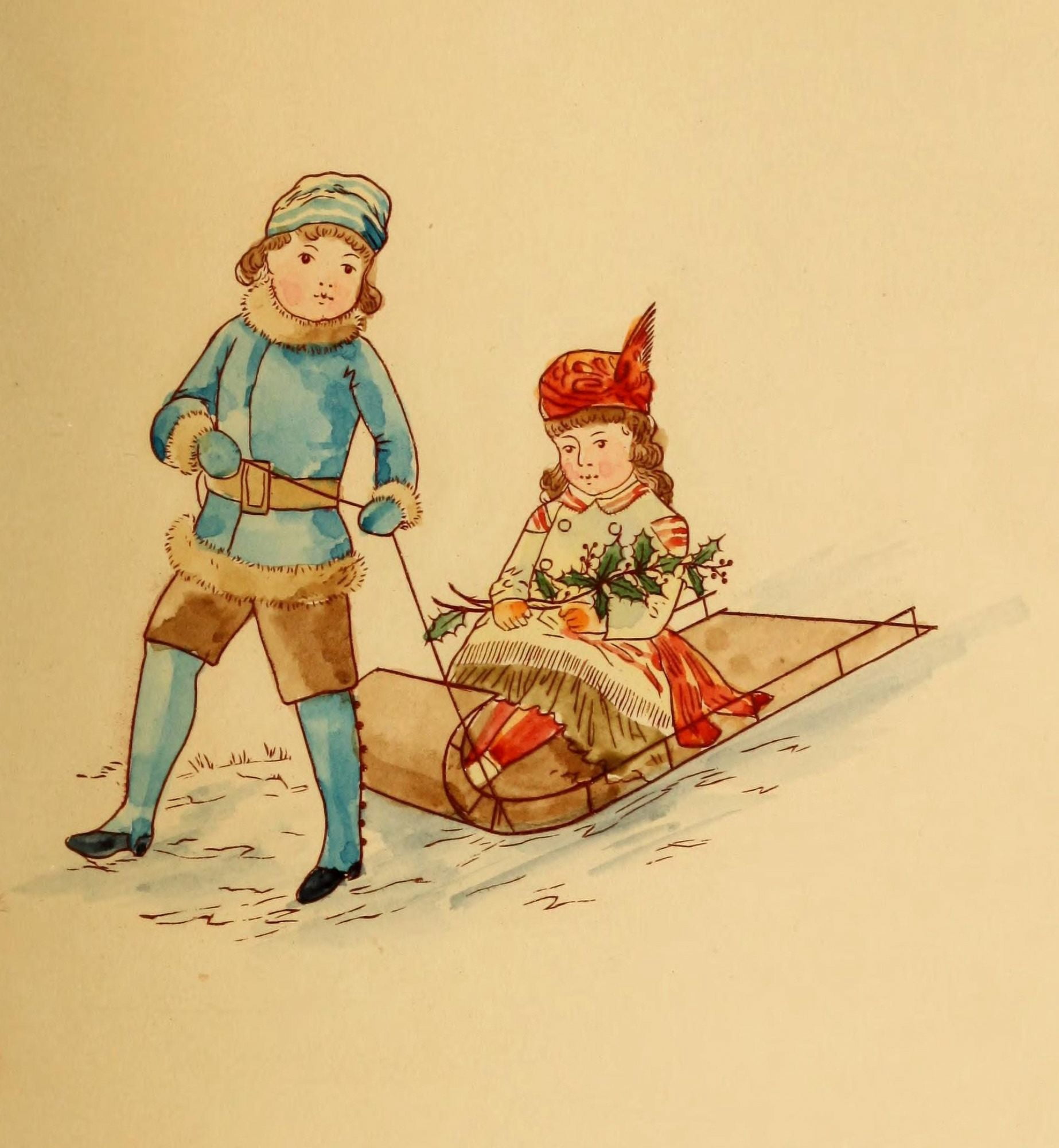 Queen of the Snow 1887 Boy pulling Sleigh Canvas Art - Annie C McQueen (24 x 36)