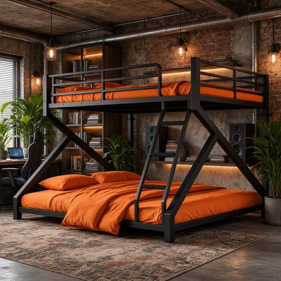 Queen over King Bunk Bed, Metal Frame with Ladders, Low Profile, Upgraded Support Slats, Black