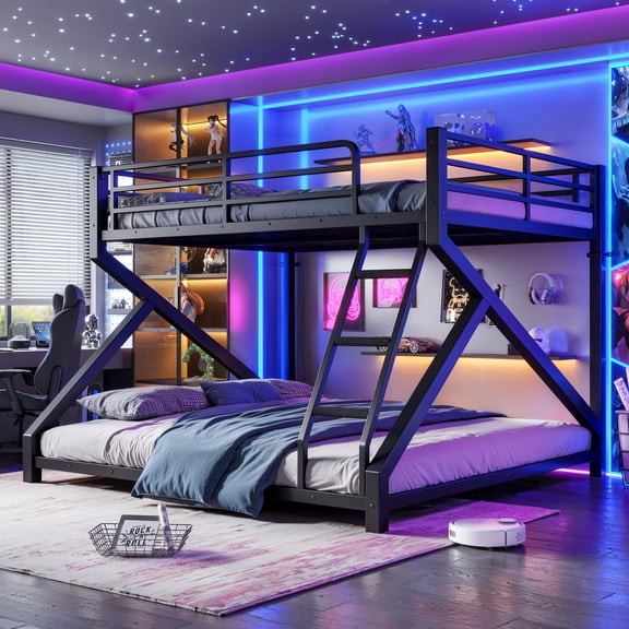 Queen over King Bunk Bed with ladders, Metal Bunk Bed with Full Upgraded Support Slats, Low Profile Bunk Bed, Black