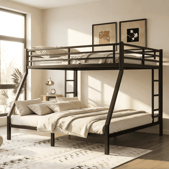 Queen over King Metal Bunk Bed with Ladder, Space-Saving Design with Noise Reduction, Under-Bed Storage, Sturdy Frame No Box Spring Needed, Black