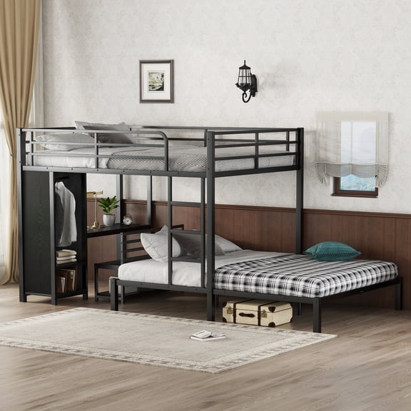 Queen over Queen Bunk Bed Frame with Built-in Wardrobe, Desk and Storage Chairs, Black Metal Bunk Bed for Small Rooms