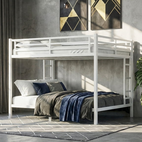 Queen over Queen Bunk Bed, Heavy Duty Metal Bunk Beds for Adults & Teens with Full-Length Guardrail, Easy Assembly, White