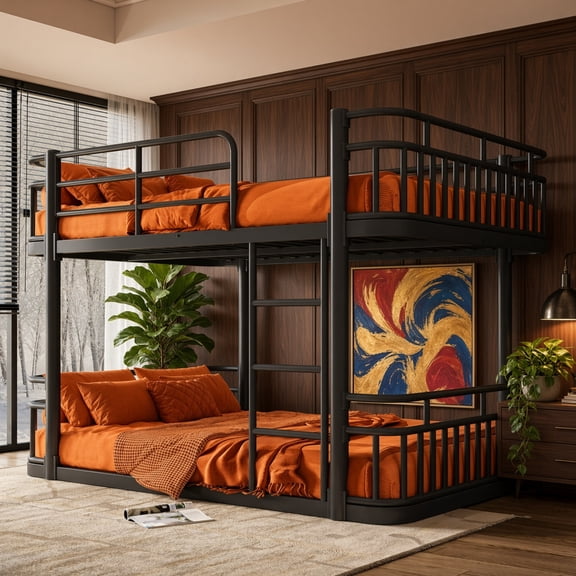 Queen over Queen Bunk Bed, Metal Frame, Ladders & Guardrails, Space-Saving, Teens Adults, Black