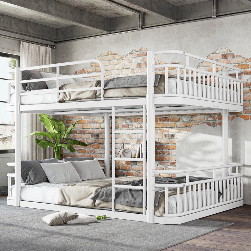 Queen over Queen Bunk Bed with Built-in Ladder & Safe Guardrails, Curved-Edge Sleek Metal Bed Frame with No Slat Floor Bed