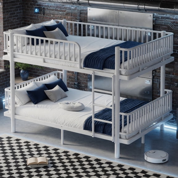 Queen over Queen Bunk Bed with Ladders & Guardrails, Metal Frame Separates into 2 Platform Beds, No Box Spring Needed, White