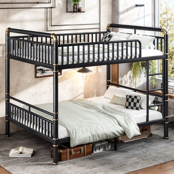Queen over Queen Bunk Bed, Black Round-Pipe Metal Frame, Ladder & Guardrails, Mattress Not Included
