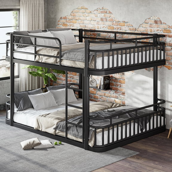 Queen over Queen Bunk Bed with Ladders & Guardrails, Upgraded Round-Pipe Metal Frame, Stylish & Versatile for Any Room,Black
