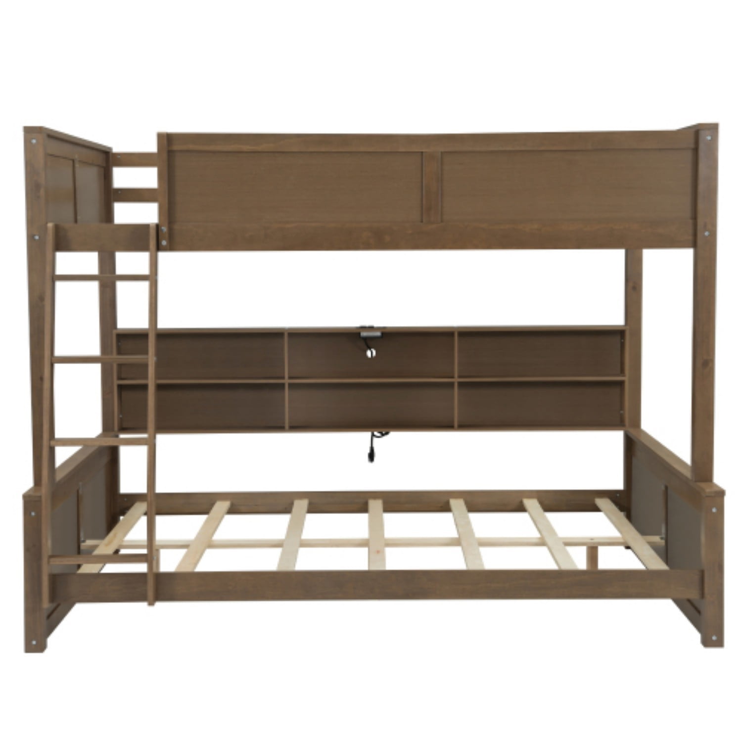 Queen over Queen Bunk Bed with Storage Cabinets & USB Ports, Solid Wood Frame, Space Saving Double Bunk Bed for Bedroom, Antique Wood, Natural
