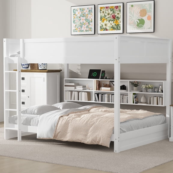 Queen over Queen Bunk Bed with Storage Cabinets and USB Ports, White