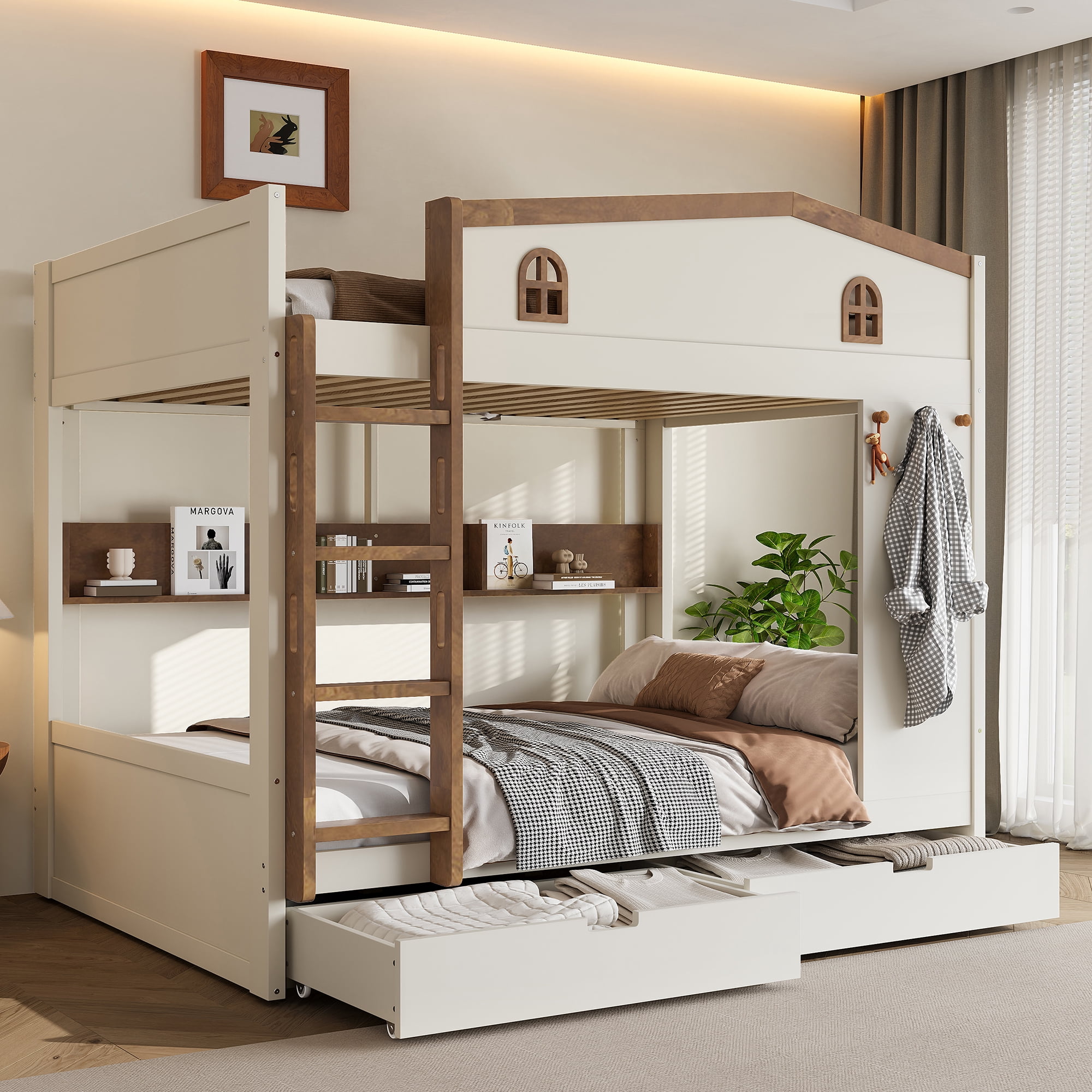 Queen over Queen Bunk Bed with Storage Drawers and Shelves, Solid Wood
