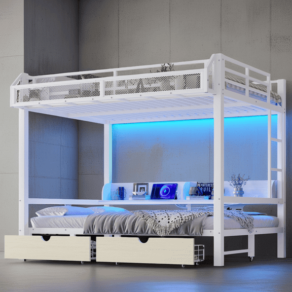 Queen over Queen Bunk Bed with Storage & Lights, Metal Bunk Bed with USB Ports, LED Lights, Shelves, Drawers, and Convertible Sofa Bed, White