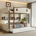 thumbnail image 1 of Queen over Queen Bunk Bed with Trundle, Solid Wood Bunk Beds with Hooks and Bookshelves, No Box Spring Needed, Natural, 1 of 7