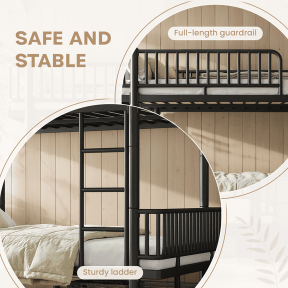 Queen over Queen Metal Bunk Bed with Ladder & Guardrails, Converts to Two Platform Beds, Round-Pipe Design
