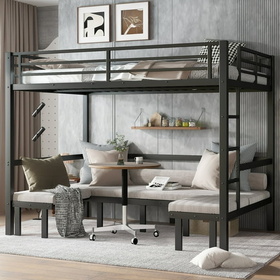 Queen over Queen Metal Bunk Bed with Pull-Out Lower Bunk, 3-Section Convertible U-Shaped Sofa, Full-Length Safety Rails, 300lbs Capacity, Black
