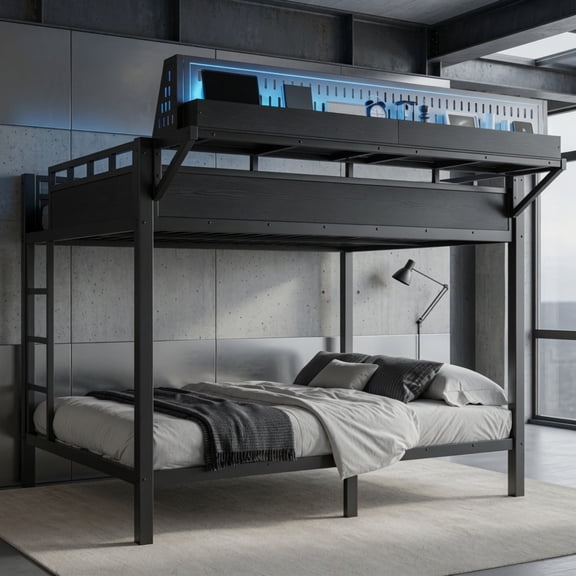 Queen over Queen Metal Bunk Bed with Storage Shelves, USB Ports & LED Lights, Space-Saving Frame for Adults, Black