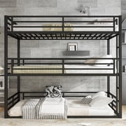 Queen over Queen over Queen Bunk Bed, Metal Triple Bunk Bed with Safety Guardrails, Heavy-duty Bunk Bed with Noise-reduced Design, Black