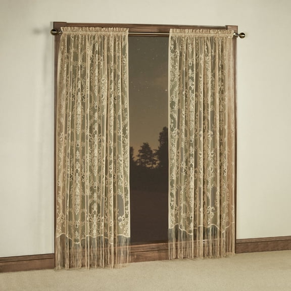 Queen's Lace Fringed Window Treatment, Antique Gold, 2 84L Curtain Panels with Fringe
