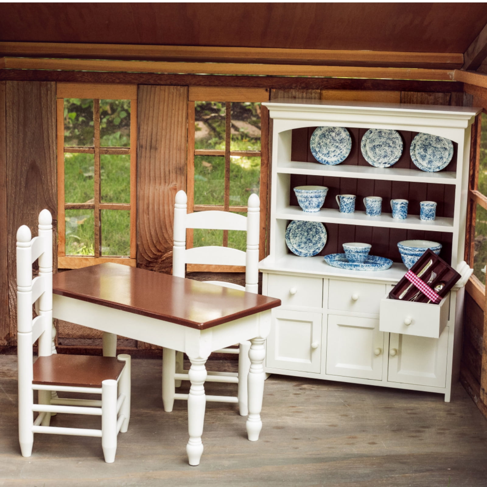 White and Brown Wooden Farmhouse Style 18 Inch Doll Dining Set