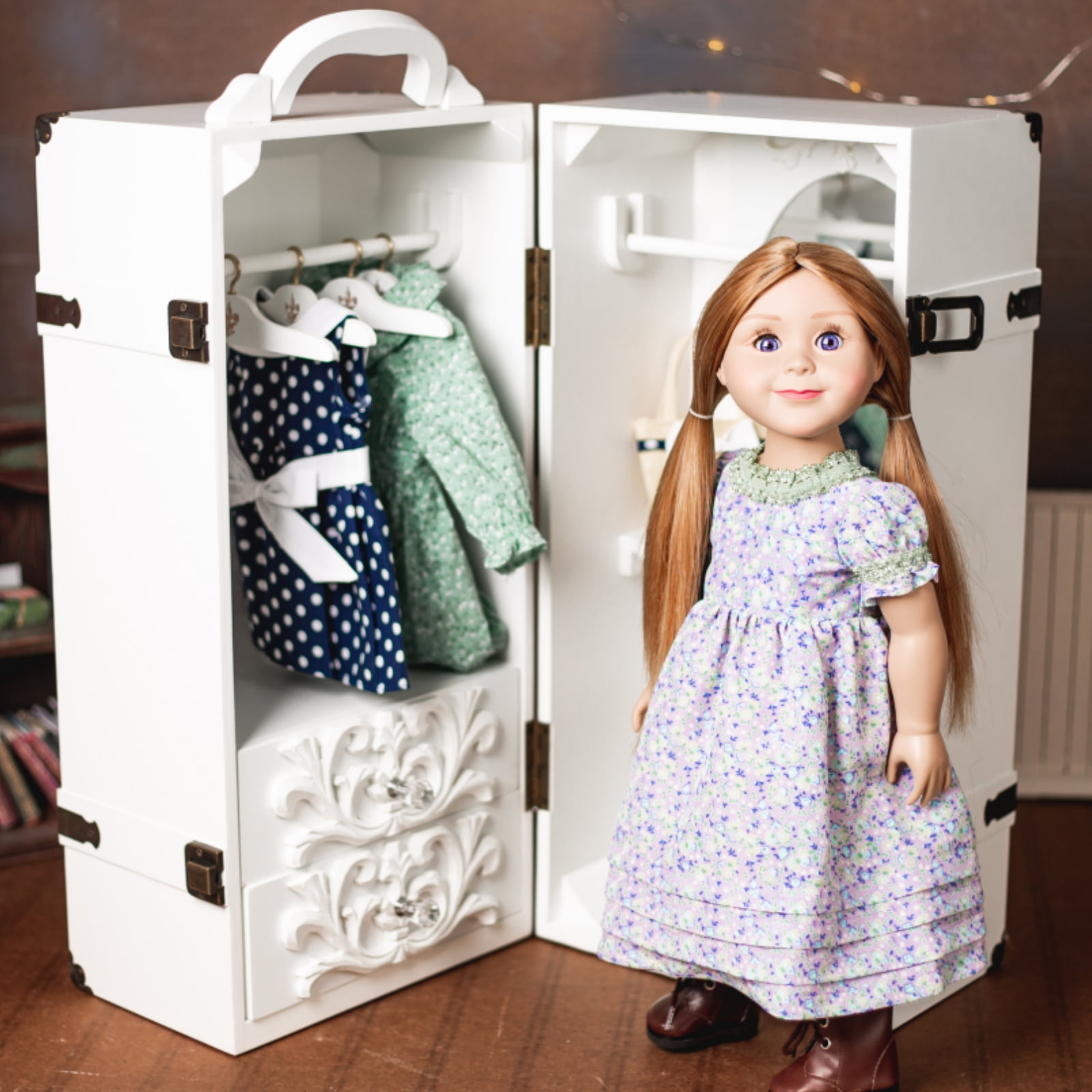 Antique White Wooden Doll Storage Trunk with Vanity