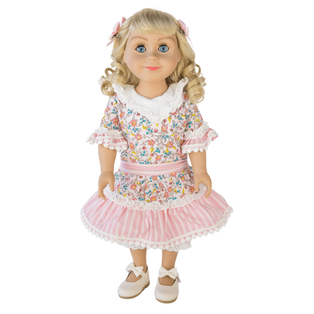The Queen's Treasures 18 inch Doll Clothes, Little House on The Prairie Pink Floral Dress with Pair of Hair Bows, and Pantaloons, Compatible For Use with American Girl Dolls