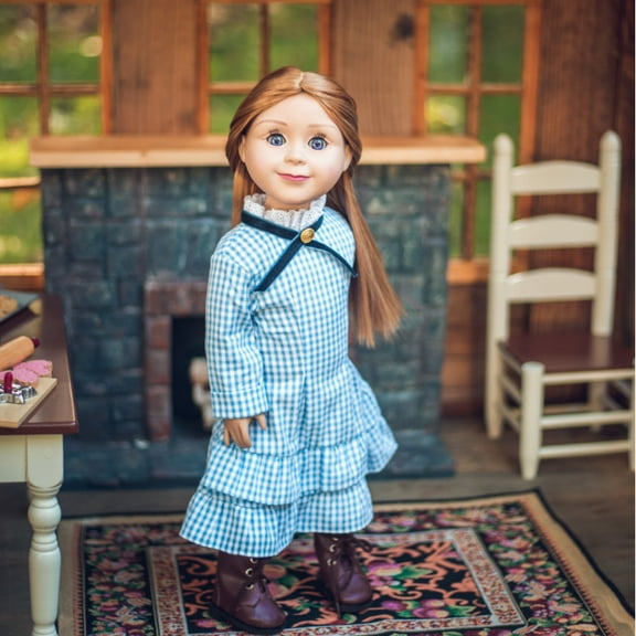 The Queen's Treasures 18 inch Doll Clothes, Little House on the Prairie Realistic Laura & Mary Ingalls Blue Check Dress Outfit , Compatible for Use with American Girl Dolls