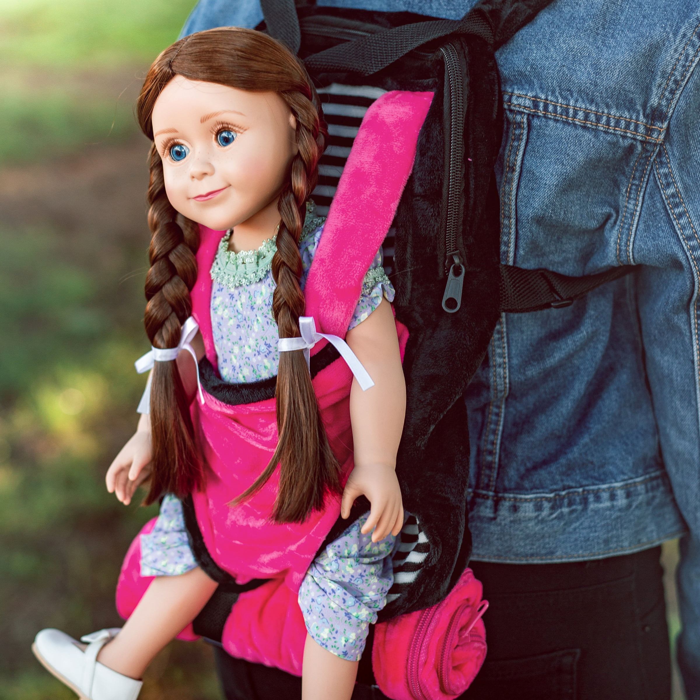 Pink and Black Plush Doll Carrier Backpack with Sleeping Bag