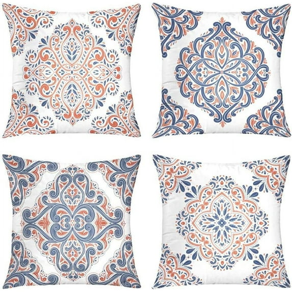 Queen's designer Decorative Pillows Case,4 Pillow Set,Orange and Blue Ornamental Bohemian Chic Mandala Baroque Throw Pillowcovers 18 x 18 inch,Cushion Decorative Home Decor Nice Gift Garden Sofa