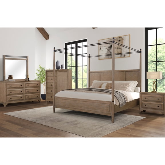Queen size 5 - piece canopy bedroom set with 2 - drawer nightstand modern dresser poster mirror door chest sand finish felt - lined top drawers cedar - lined bottom drawers metal accents solid wood