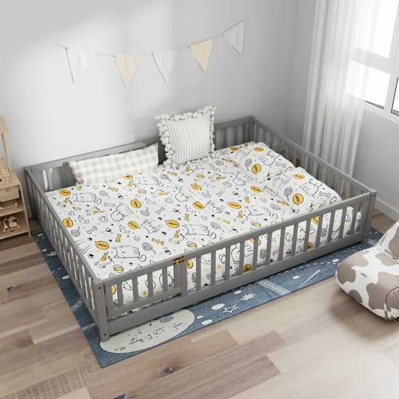 Queen size Floor Platform Bed for Kids, Wood Platform Bed with Safety Guardrails and Door, Low Profile Montessori Bed Frame with Slats Support, Easy Assembly,No Box Spring Needed, Grey