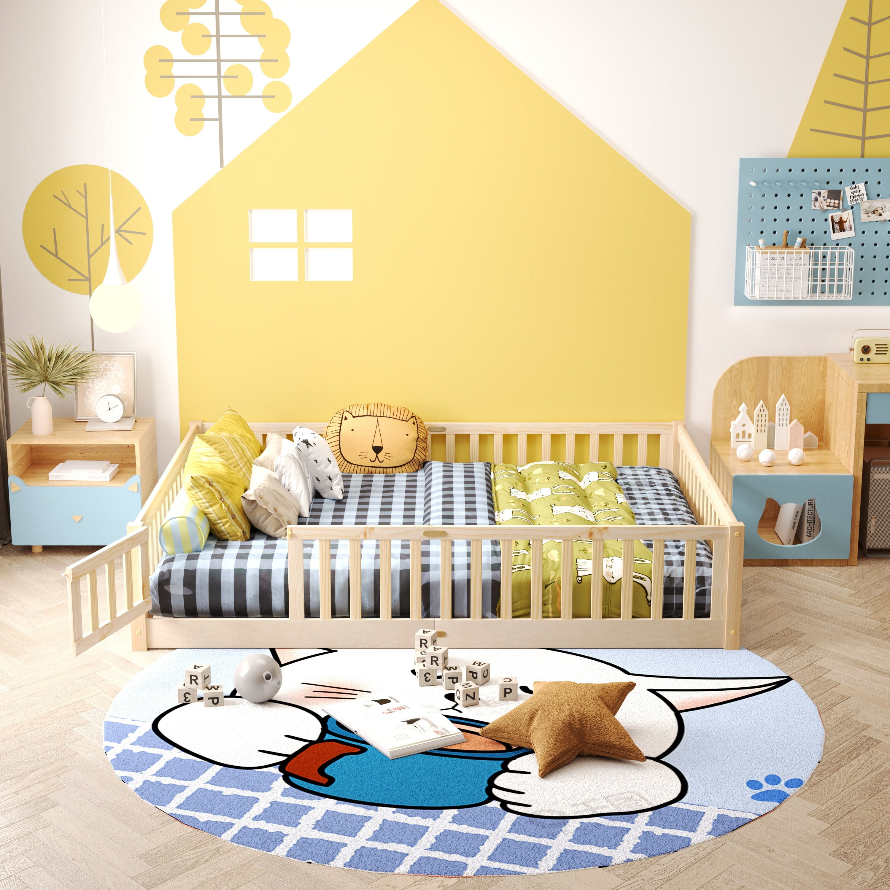 Queen size Floor Platform Bed with Fence Guardrails and Door Natural