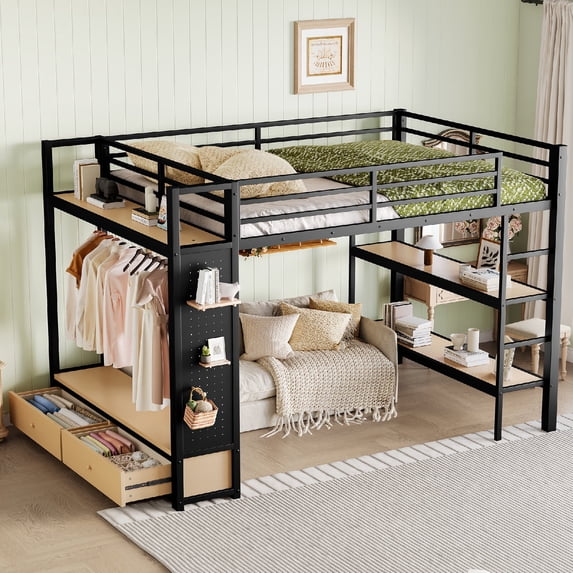 Queen size Loft Bed Frame with Wardrobe and Storage Drawers, Metal Loft Bed with Storage Shelves and Pegboard for Bedroom, Apartment, Dorm, Space-Saving, Mattress Not Included, Black