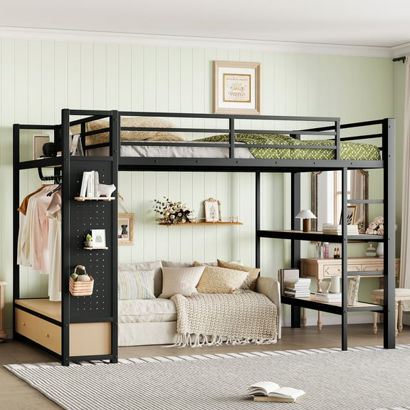 Queen size Loft Bed Frame with Wardrobe, Metal Loft Bed with Storage Shelves and Pegboard, Black