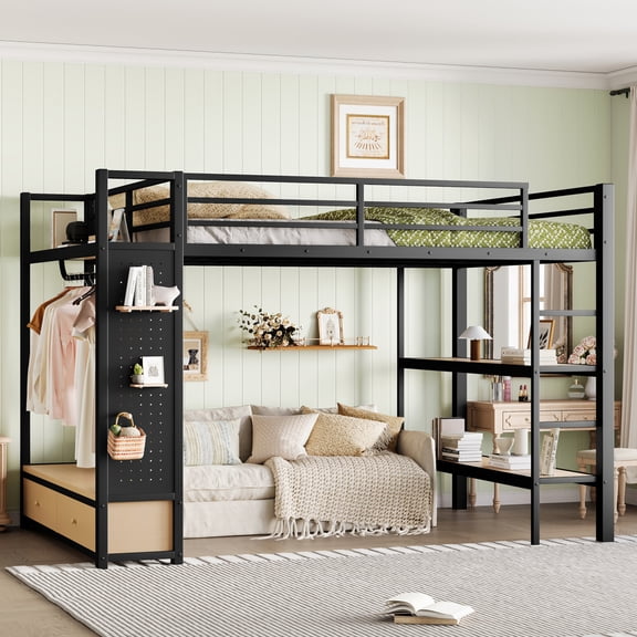 Queen size Loft Bed Frame with Wardrobe,Metal Loft Bed with Storage Shelves and Pegboard,Black