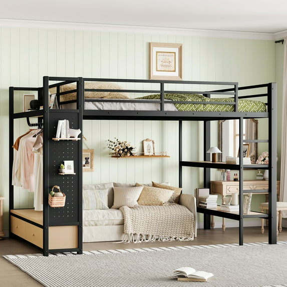 Queen size Loft Bed Frame with Wardrobe,Metal Loft Bed with Storage Shelves and Pegboard,Black