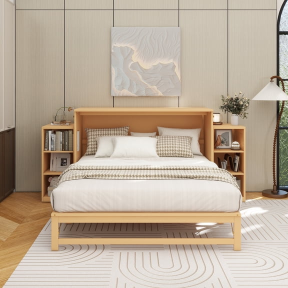 Queen size Murphy bed with spacious storage drawers and shelves. Ideal for guest rooms or compact bedrooms.Golden