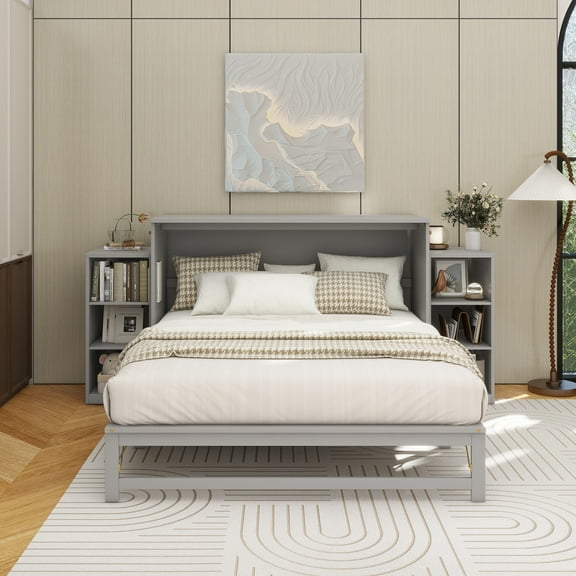 Queen size Murphy bed with spacious storage drawers and shelves. Ideal for guest rooms or compact bedrooms.Gray