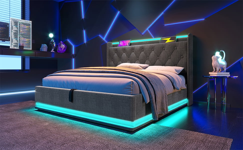 Queen size Upholstered Bed, Storage Bed with Charging, 360 Surround LED ...