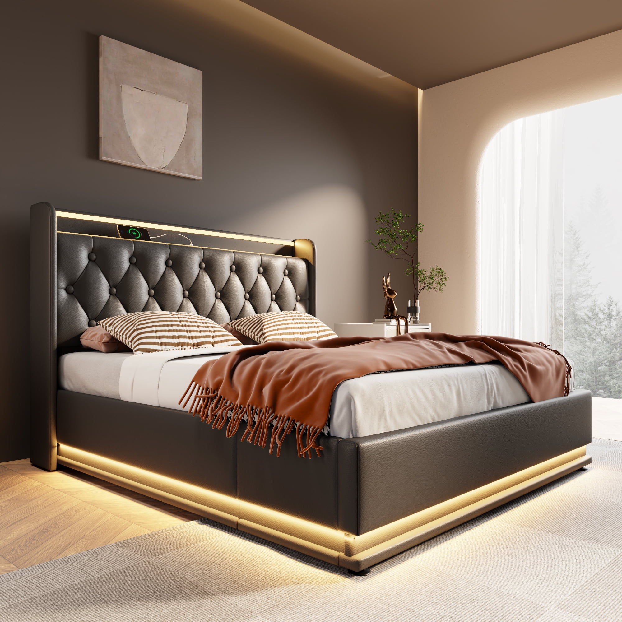 Queen size Upholstered bed, 360 surround LED function, Buttons/Apps ...