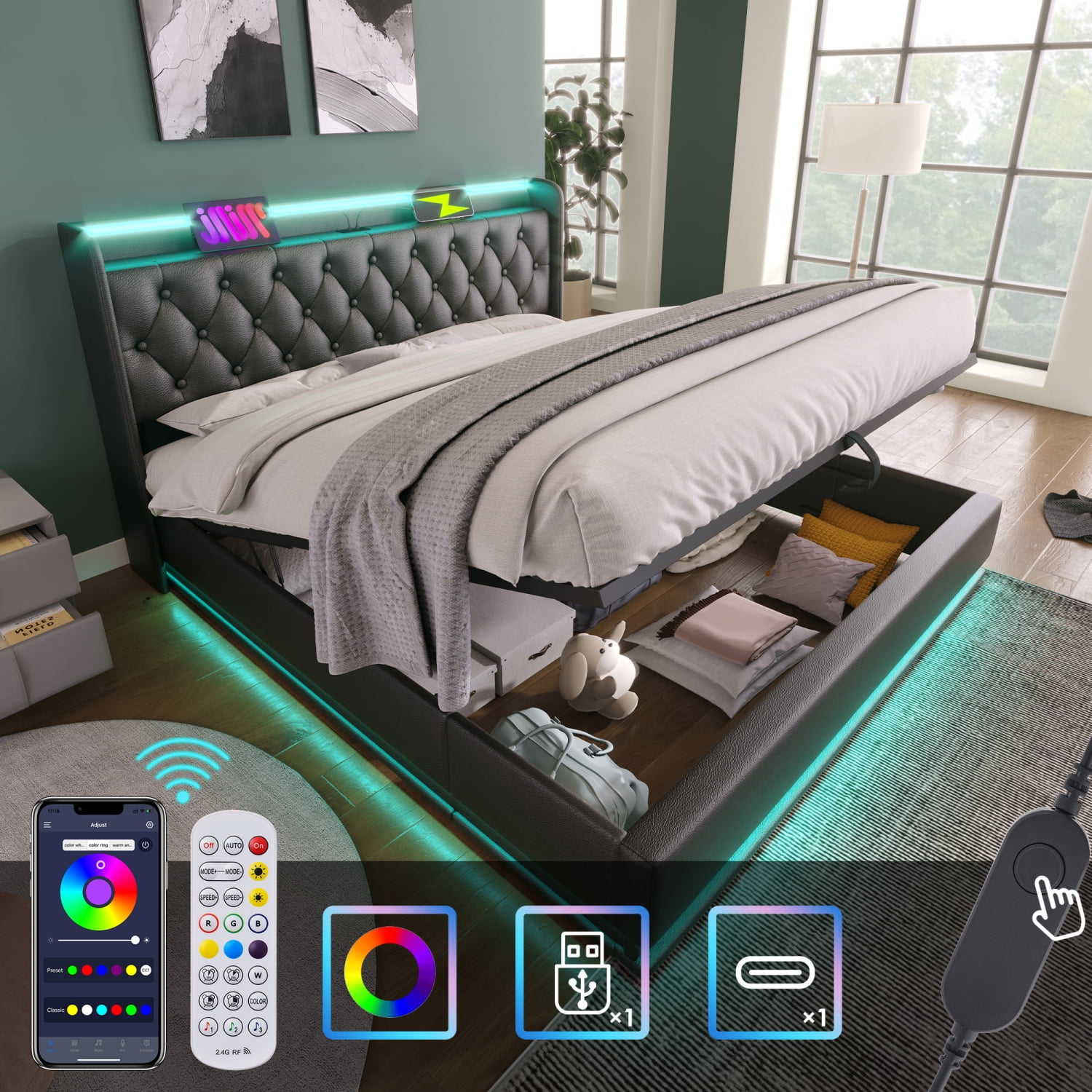 Queen size Upholstered bed 360 surround LED function Buttons/Apps ...