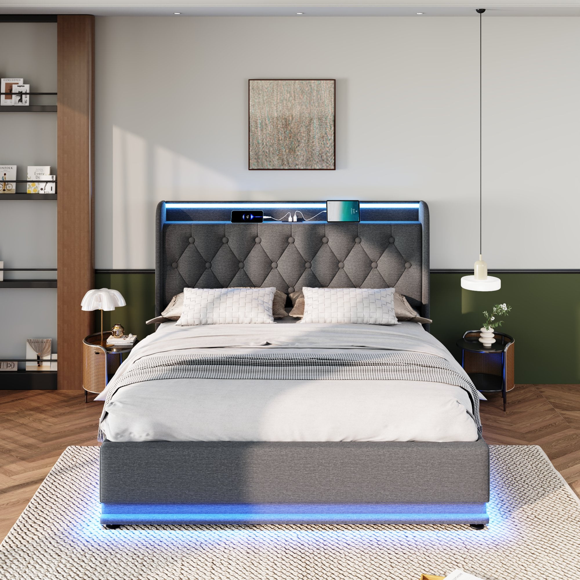 Queen size Upholstered bed, 360 surround LED function, Buttons/Apps ...