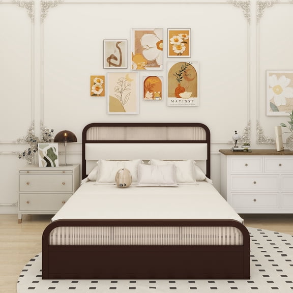 Queen size Wooden Platform Bed with Trundle and 2 Drawers,Espresso