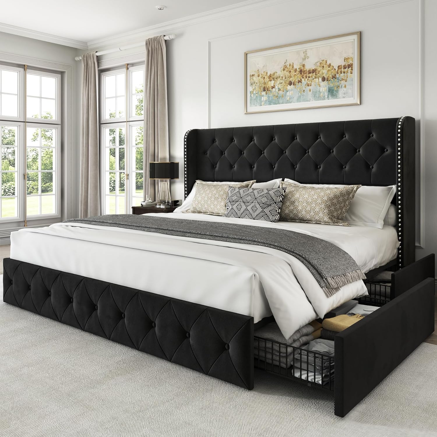 Queen size bed frame with 4 storage drawers and wingback headboard