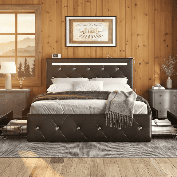 Queen size bed frame, steel bed frame with sliding storage space under the bed, soft package headboard, adjustable LED light strip at the headboard, centralized power station at the headboard, Black