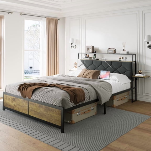 Queen-size bed frame with USB ports and power outlets, padded backrest and bedside table, no spring mattress required, vintage brown.